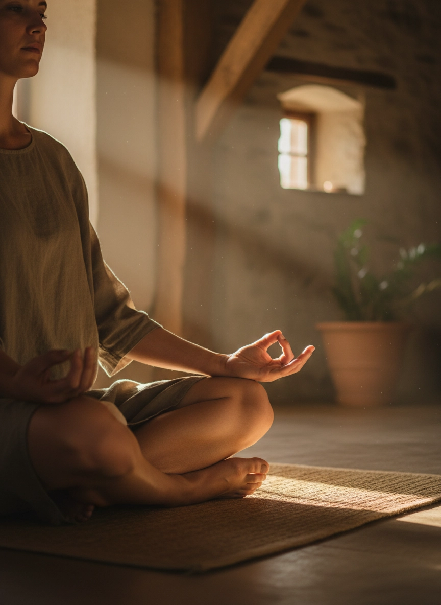 Dona meditant asseguda a terra en una sala rústica banyada per la llum del sol a la masia rural Mas Pairó.