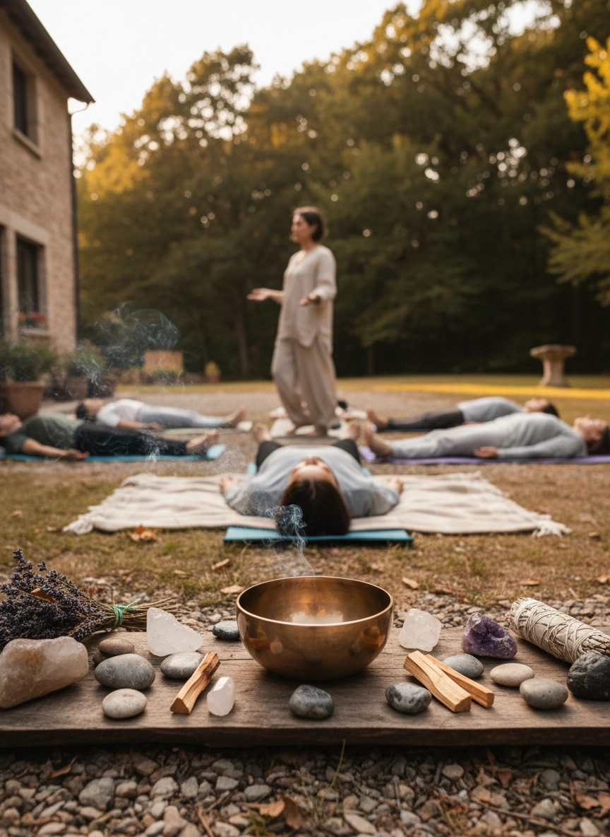 Grup de persones participant en una sessió de meditació i banys de so a l'aire lliure als jardins de la masia rural Mas Pairó.
