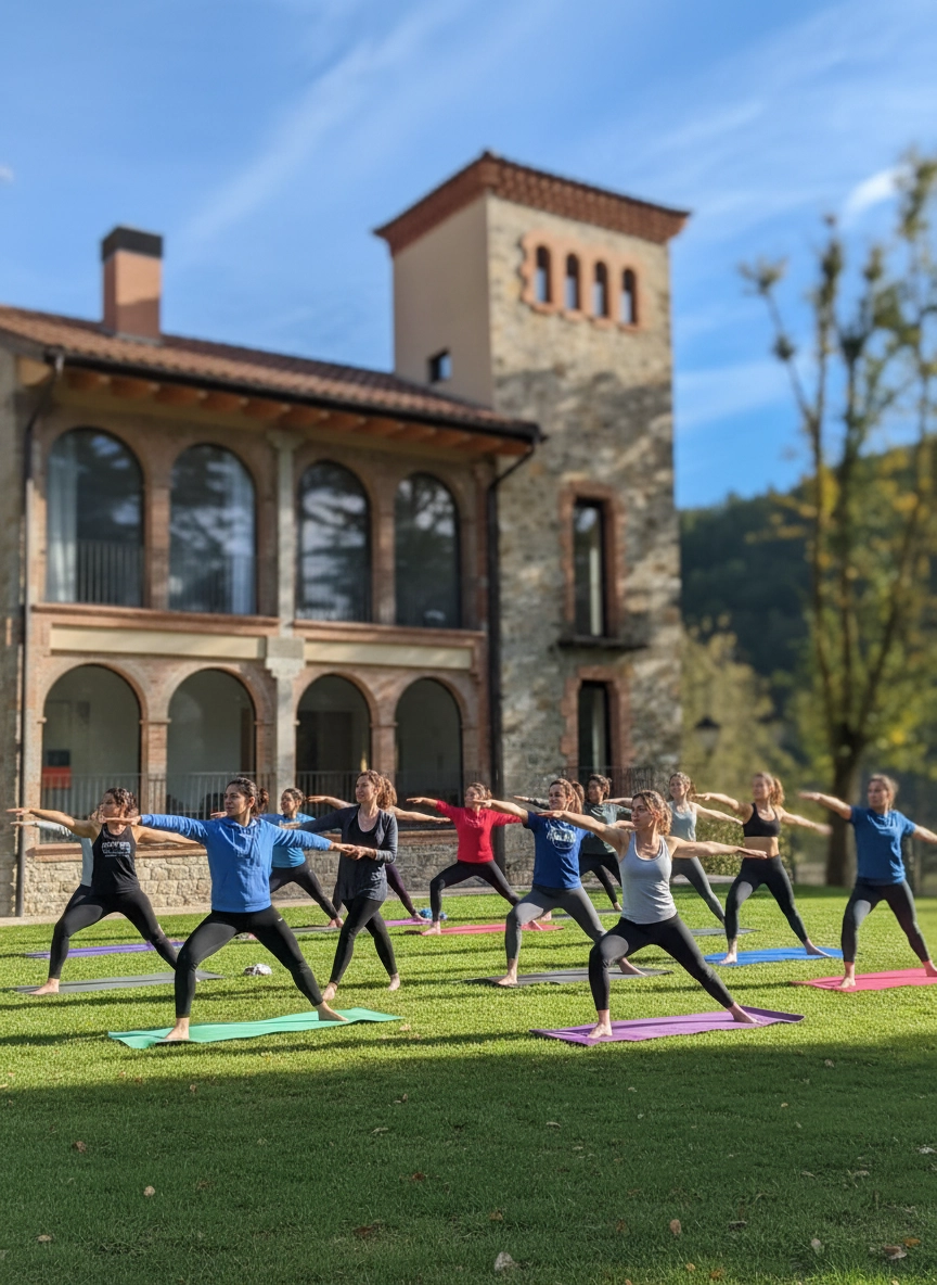 Grup de persones fent una classe de ioga a l'aire lliure als jardins de la masia rural Mas Pairó al Pirineu Català.